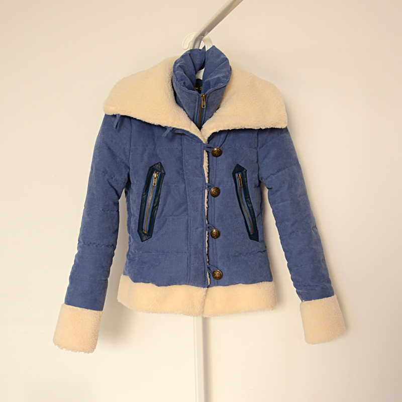 Elegant berber fleece patchwork large lapel leather pocket wadded jacket cotton-padded jacket short jacket