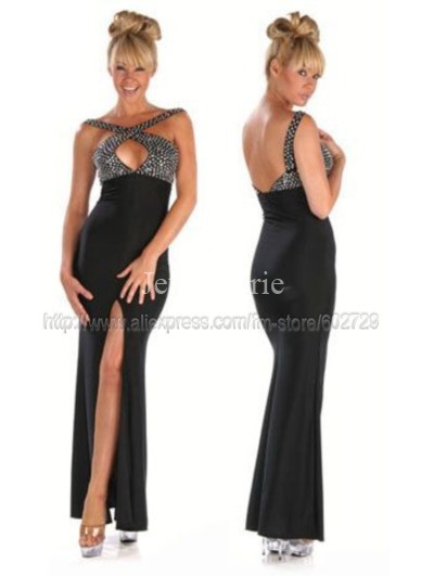 Elegant  Black Glazed Poly Lycra Rhinestone Gown Long Dress Evening Dresses J8327