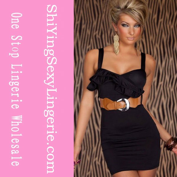 Elegant Black Ruffles Career Dress Evening With Belt  Drop Shipping Cheap Price LC2588
