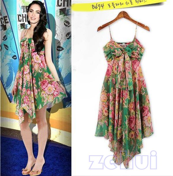Elegant Bohemia Irregular Hem Atmosphere Style Women Flower Printing Sling Dress HR257