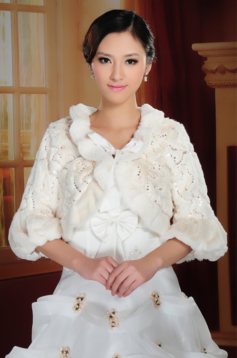 Elegant Bolero Shiny Sequins Half Sleeve Soft Faux Fur Shrug 2013 Wedding Bridal Jacket Wrap Shawl