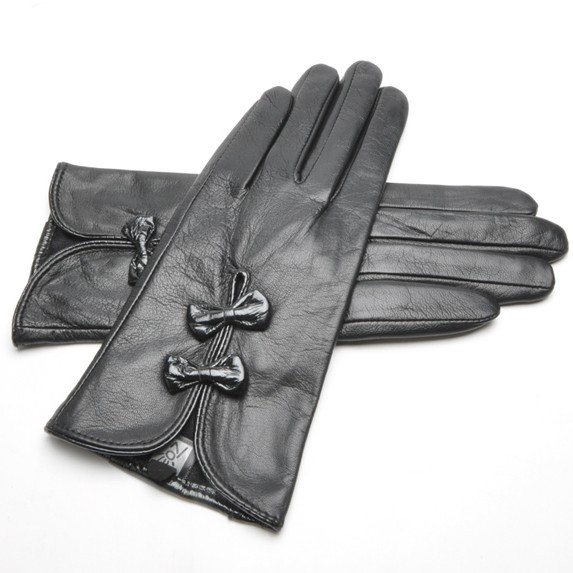 Elegant bow women's short design genuine leather gloves sheepskin gloves thermal Deep purple black Free Shipping