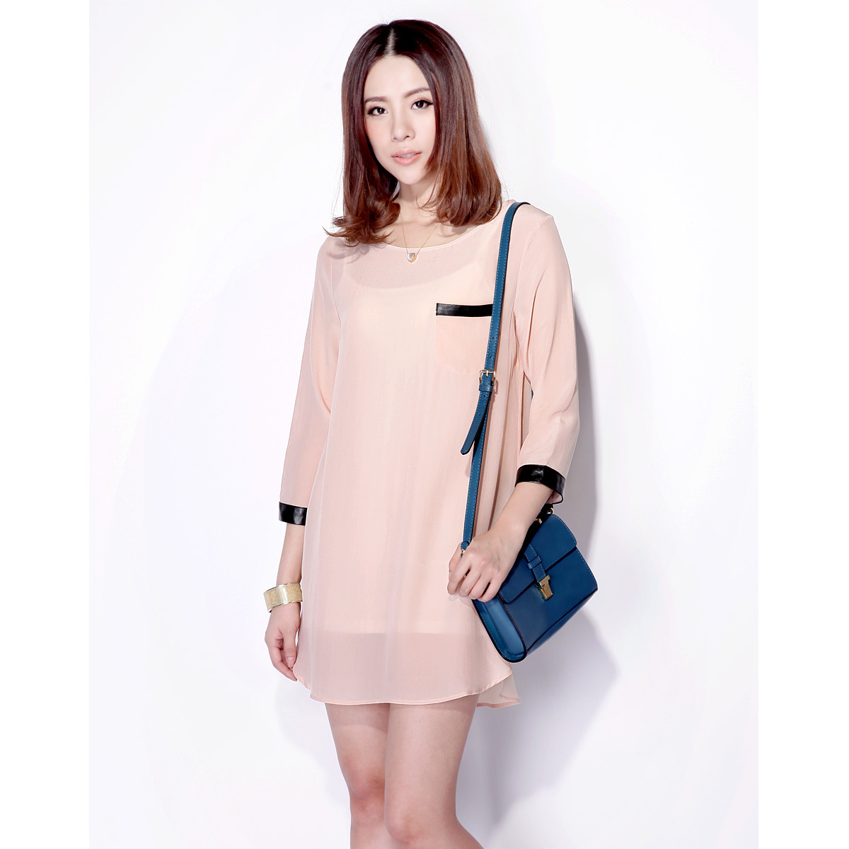 Elegant brief o-neck genuine leather patchwork long-sleeve silk one-piece dress 2013 spring long-sleeve dress