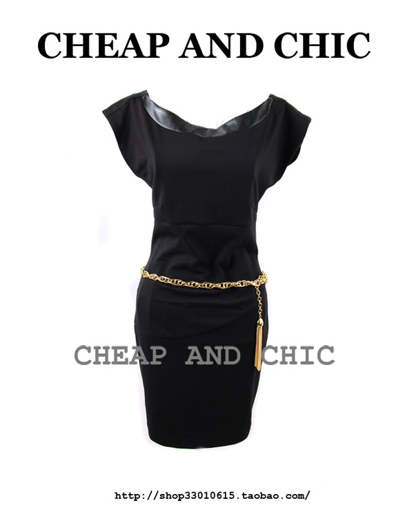 Elegant charming women's leather patchwork after V-neck slim short-sleeve dress one-piece dress