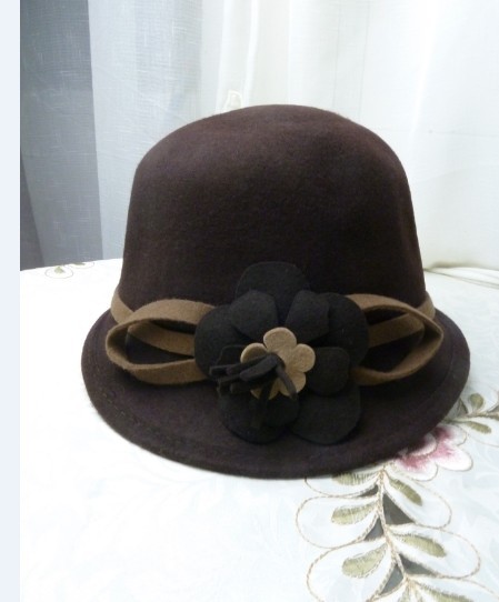 Elegant coffee fedoras flower wool hat women's hat quality bucket hats woolen cap