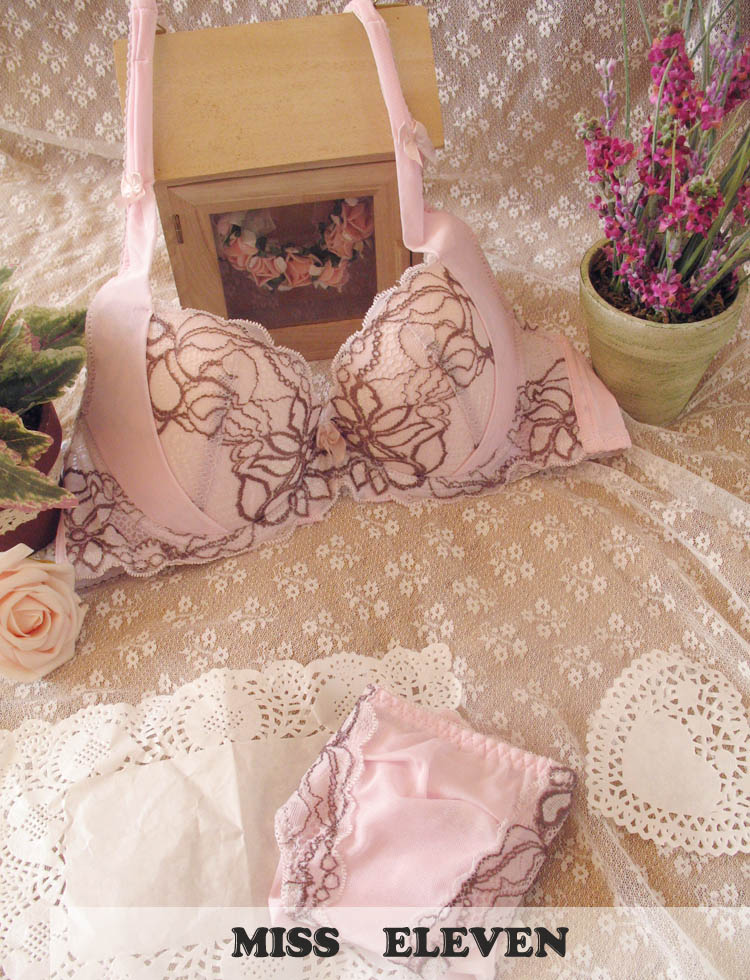 Elegant embroidered gentlewomen thin c cup push up lingerie bra set powder