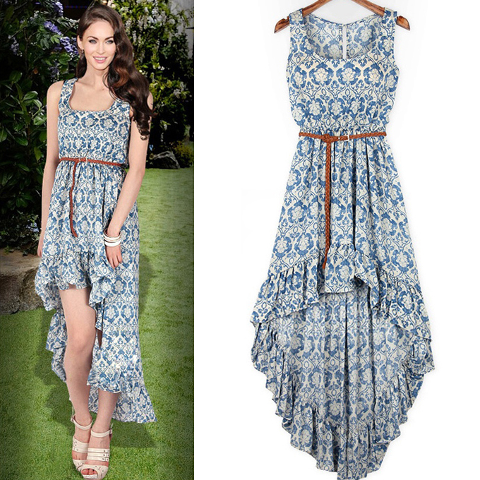 Elegant fashion 2013 porcelain print genuine leather belt elastic waist fish tail women dress S, M, L