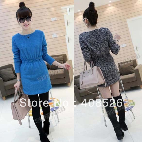 Elegant Fashion Women Pullover Round Neck Solid Long Sleeve Dress 3 Colors free shipping 9608