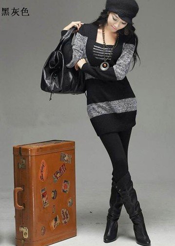 Elegant Fine Quality U Collar Stripe Long Sleeve Long Sweater Black&Grey Free