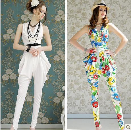 Elegant Fold High Waist Haren Jumpsuits Rompers,Europe Qualities Jumpsuit Women,White Navy Floral Size S-XL