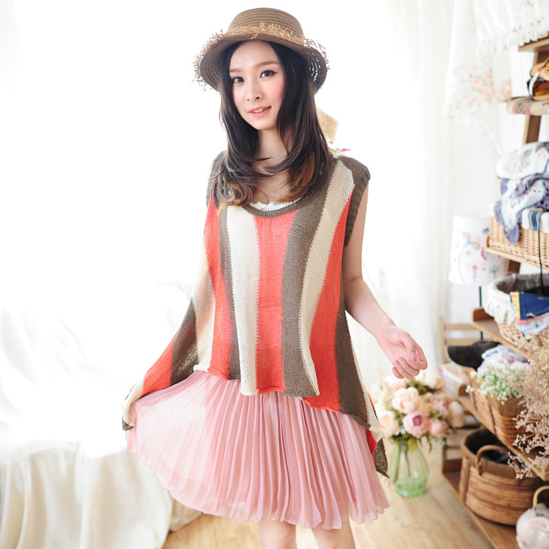 Elegant foreverkid vertical stripe color block irregular sweep multicolour sleeveless sweater vest female