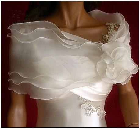 Elegant Free Shipping Wedding Accessory Voile Off Shoulder Organza Ruffle Flower 2012 Bridal Shawl Wrap Bolero Jacket