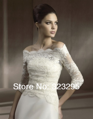 Elegant Free Shipping Wedding Dress Lace Off Shoulder Three Quarter Sleeve 2013 Custom Made Bridal Shawl Wrap Bolero Jacket