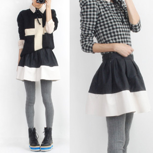 Elegant french style vintage cute half-skirt short skirt PU bust skirt water washed leather puff skirt black and white color