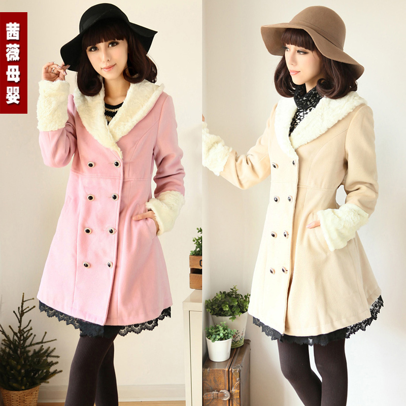 Elegant fur collar double breasted maternity overcoat autumn and winter outerwear maternity clothing winter beautiful style