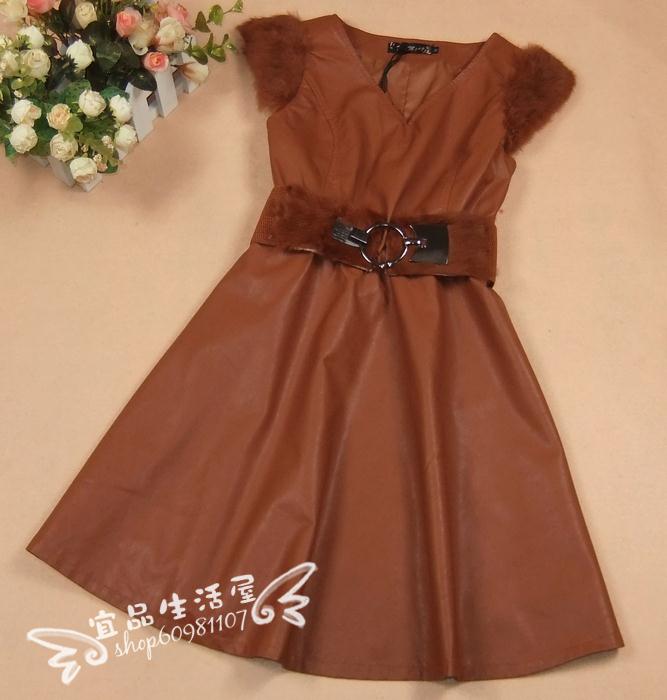 Elegant gentlewomen repair high quality water washed leather rabbit sweater vest one-piece dress strap