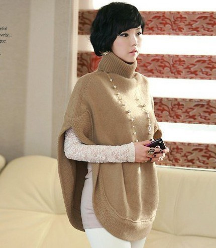 Elegant gentlewomen winter polo-necked collar round swing pullover sweater outerwear