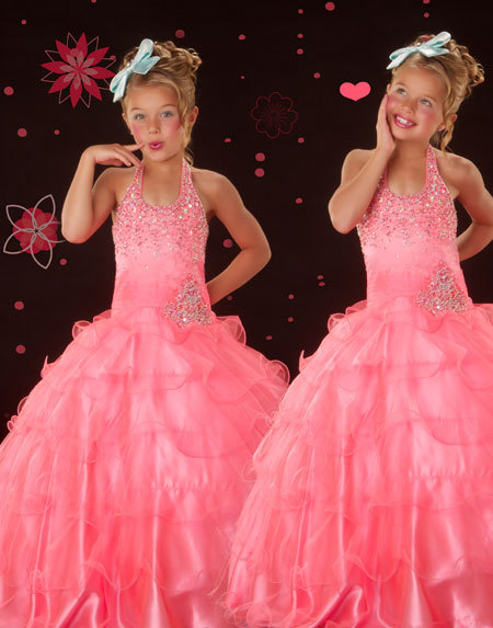 Elegant  Halter Off the Shoulder Floor-Length  Crystal Organza Tiered Ball Gown Flower Girl Dress 2013