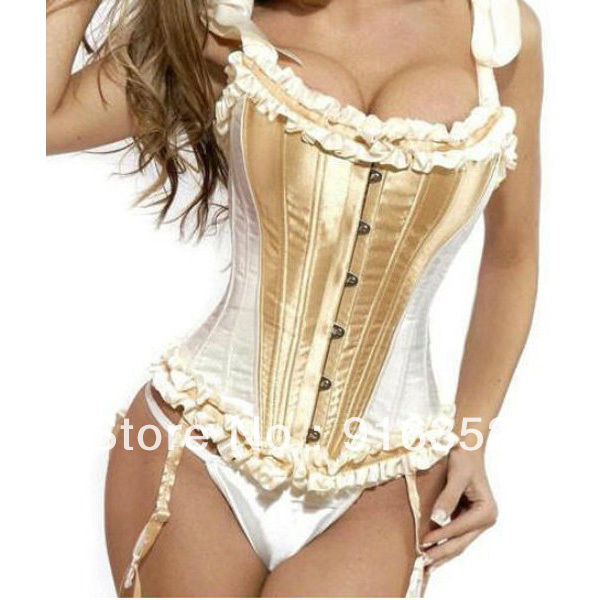Elegant Ivory Beige Full Steel Strap Boned Corset Bustier Top Lace up Overbust free shipping