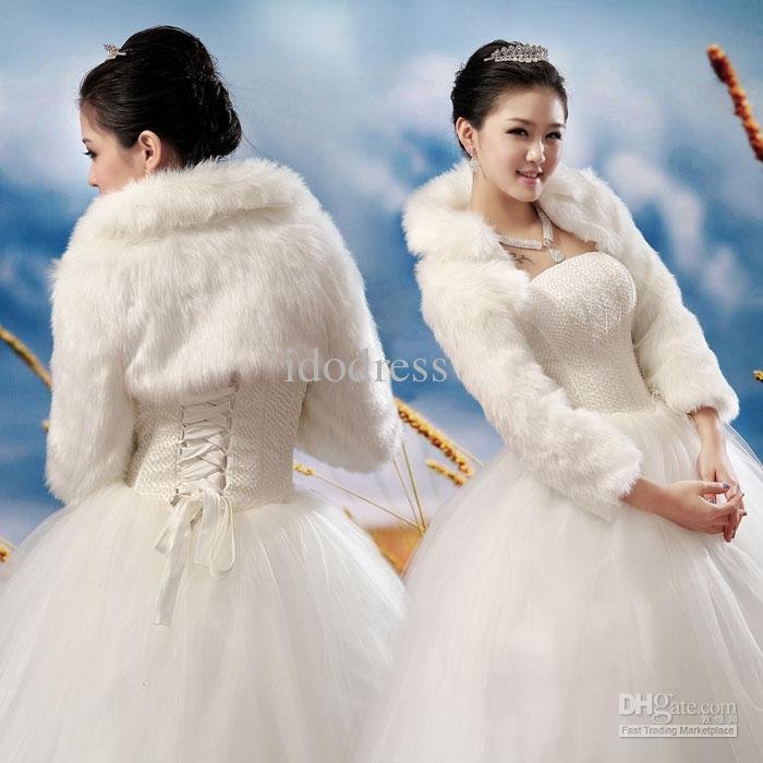 Elegant Jewel White Long Sleeve Winter Wedding Faux Fur Shawl