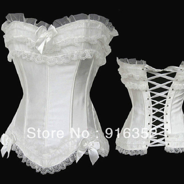 Elegant Lace up Boned Brocade Sexy White Corset Bustier Top G-String S-2XL wholesale free shipping