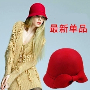 Elegant ladies bow dome wool vintage equestrian cap fedoras autumn and winter hat women's hat