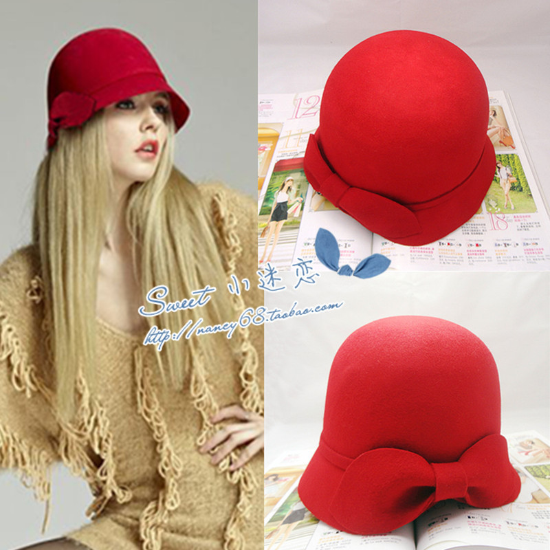 Elegant ladies bow dome wool vintage equestrian cap fedoras spring and autumn winter hat women's cap