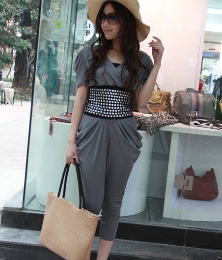 Elegant Lady Stylish Rivets Sashes Embellished V-Neck Jumpsuit Deep Grey