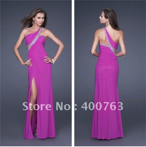 Elegant Look One Shoulder Front Slit Chiffon Full Length Romantic Evening Dresses