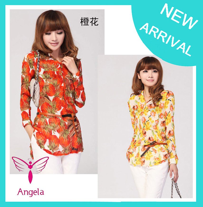 Elegant Office Lady Shirt New Fashion Wholesale Women Long Slim Flowery Chiffon Shirts Sexy Blouse WSH-025