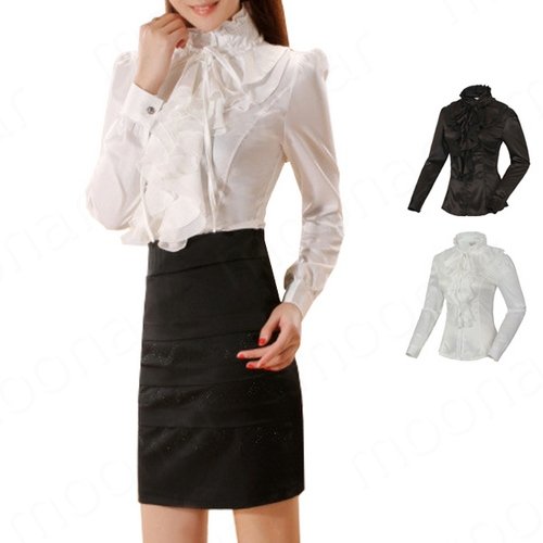 Elegant Office OL Lady Sweet Lotus Leaf Polo Neck Long Sleeve Shirt Tops Blouse E0930