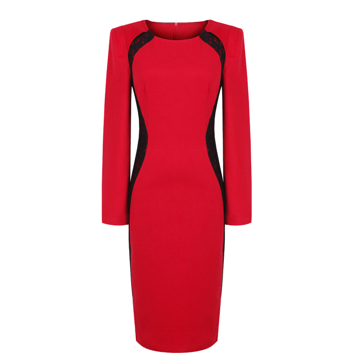 Elegant ol high quality slim waist arc color block lace patchwork long-sleeve dress professional set female autumn and winter