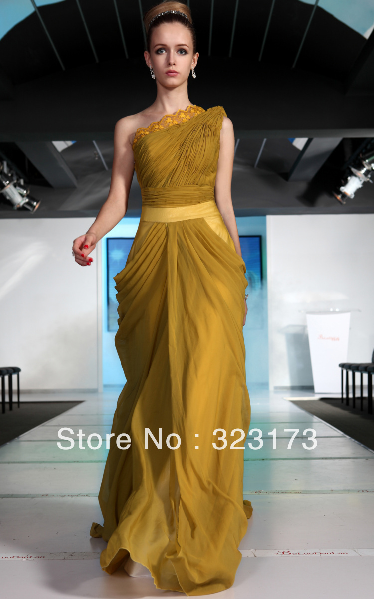 Elegant One Shoulder A-line Sweep Train Gold Chiffon Celebrity Dress Elie Saab