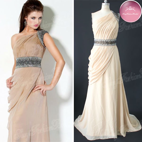 elegant one shoulder heavy beaded ruffle accented with nice belt column chiffon formal dresses