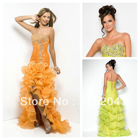Elegant Orange Lime Green Sexy Empire Sweetheart Open Back High Low Organza Ruffle Prom Dresses Front Shot Long Back Dress 2013