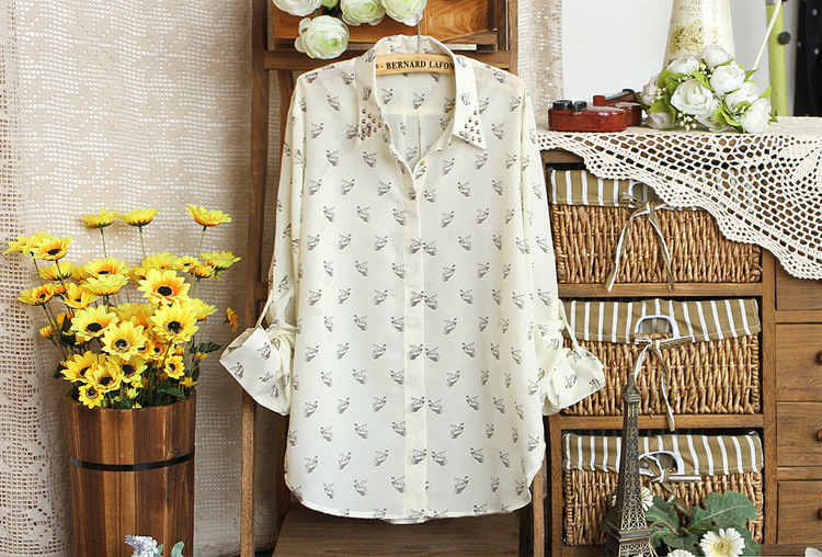 Elegant Rivet Chiffon Blouses Birdies Printing OL Casual Simple Blouse Beige T shirts 2120710