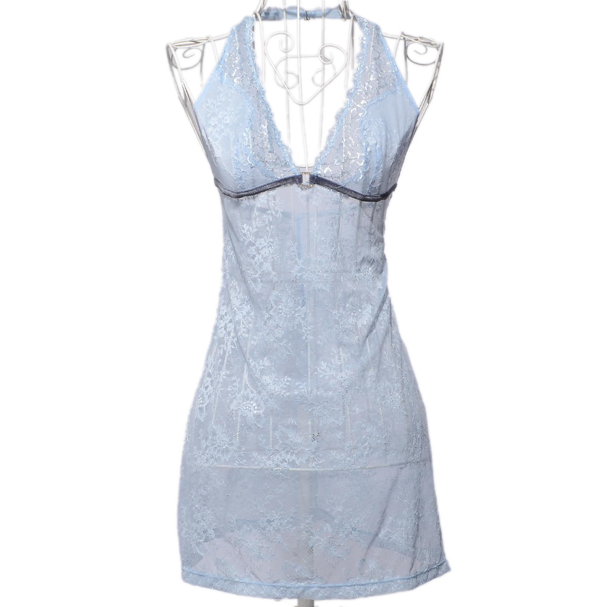 Elegant sexy halter-neck nightgown lounge Sky Blue lace spaghetti strap transparent sleepwear