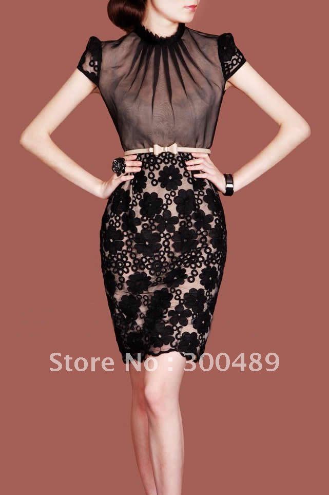 elegant silk raw silk standing collar short-sleeved dress
