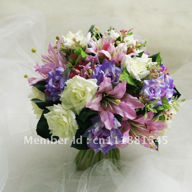 Elegant Silk Rose and Lily With Chiffon Decoration Round Wedding Bouquet Bridal Bouquet
