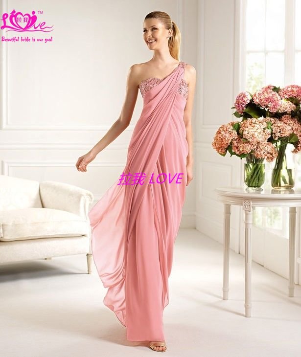 elegant simple pink chiffon a line one shoulder royal cheap dresses long evening dress XXX-11035
