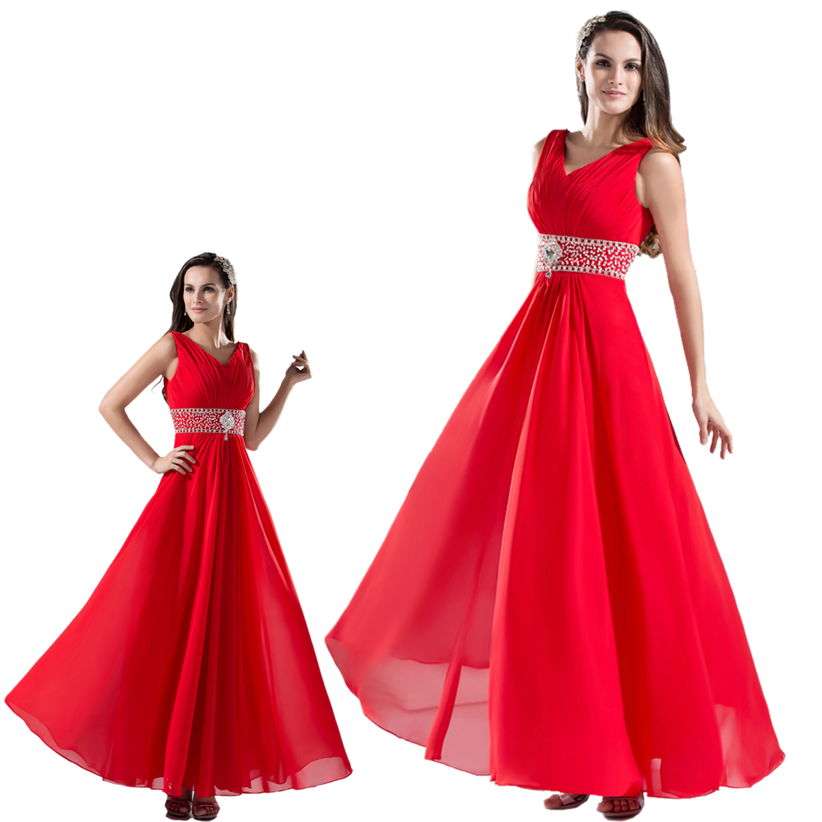 Elegant Sleeveless Double-shoulder Straps Red Chiffon Banquet Party Prom Evening Dress Fashion Women Costume