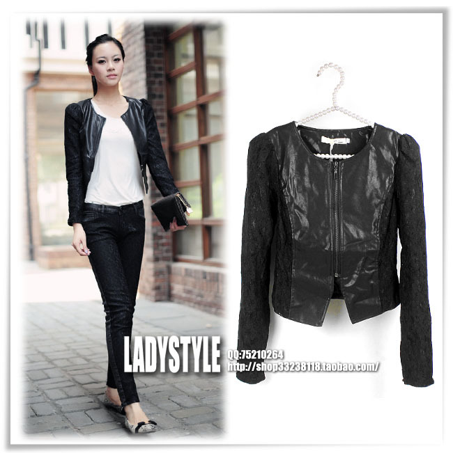 Elegant slim lace sleeve patchwork ultra-short leather clothing outerwear black powder