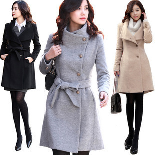 Elegant slim thickening sheep trophonema ol wool coat stand collar woolen outerwear trench woman overcoat