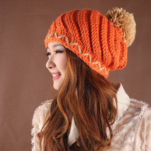 Elegant stripe scalloped slanting pocket winter hat thermal Women women's knitted hat