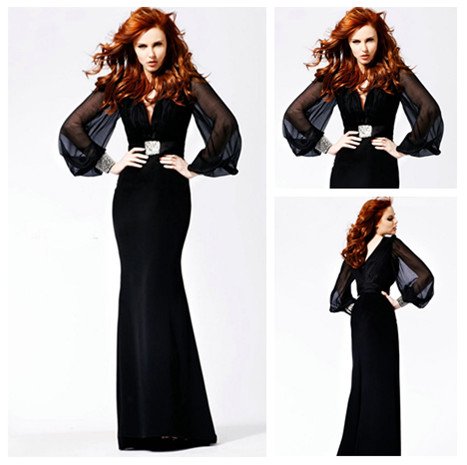 Elegant Stunning Design V-neckline Black Chiffon Long Sleeve Evening Dress 2012
