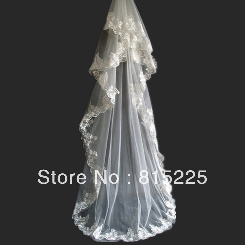 Elegant Vintage Classy Wedding Accessories Veils Bridal Veil Decoration Floor Length Lace Edge Two Layer Ivory Applique