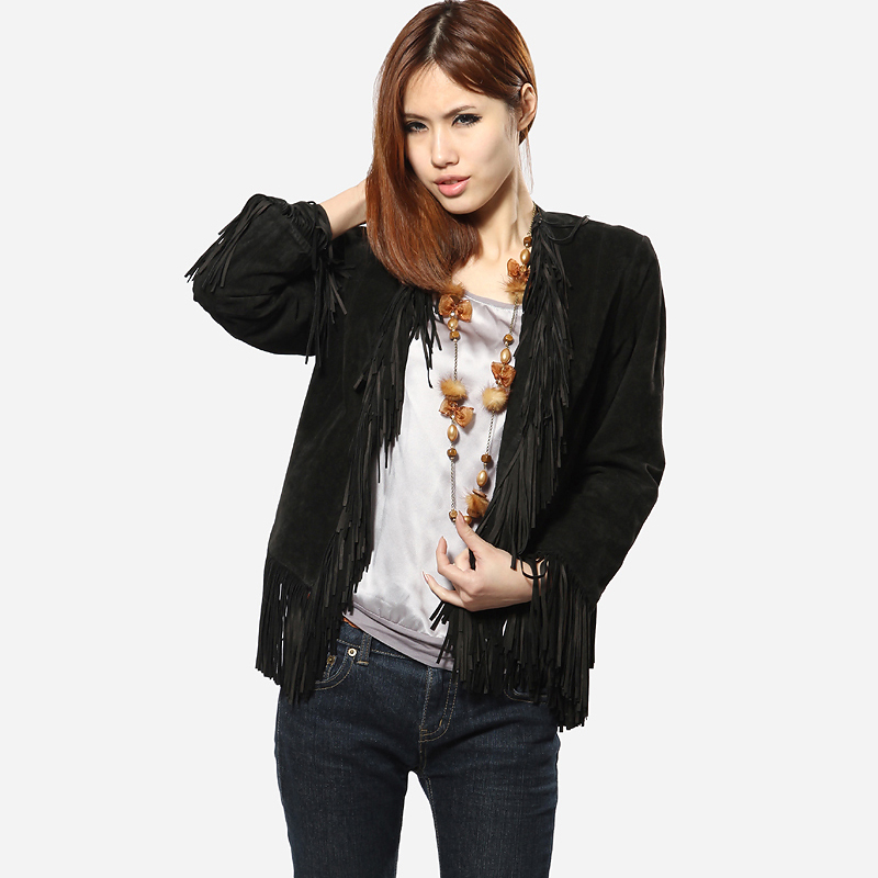 Elegant women's boutique long tassel scrub velvet slim leather jacket leather clothing outerwear