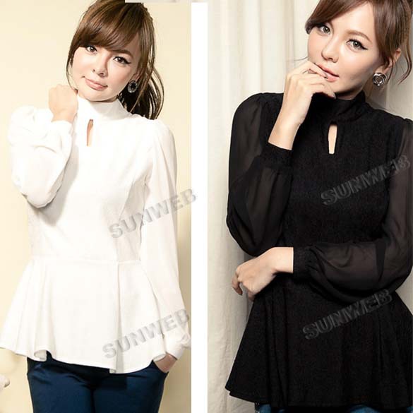 Elegant Women Stand-collar Lace Long Sleeve Tops Shirts Chiffon Blouse 2 Colors free shipping 11064