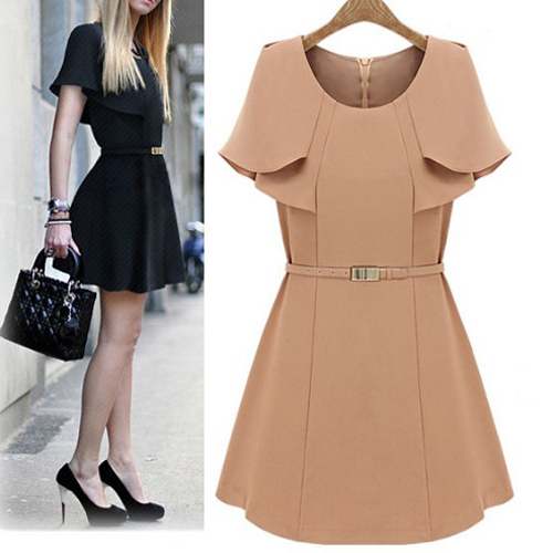 Elegant Womens European Style Shawl Waist thin layers stitch flouncing Spring Autumn Dress