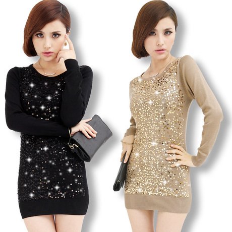 ELEGANT WOMENS  Korean dot Sequin bottoming shirt ladies Crewneck elastic loose mercerized wool dress